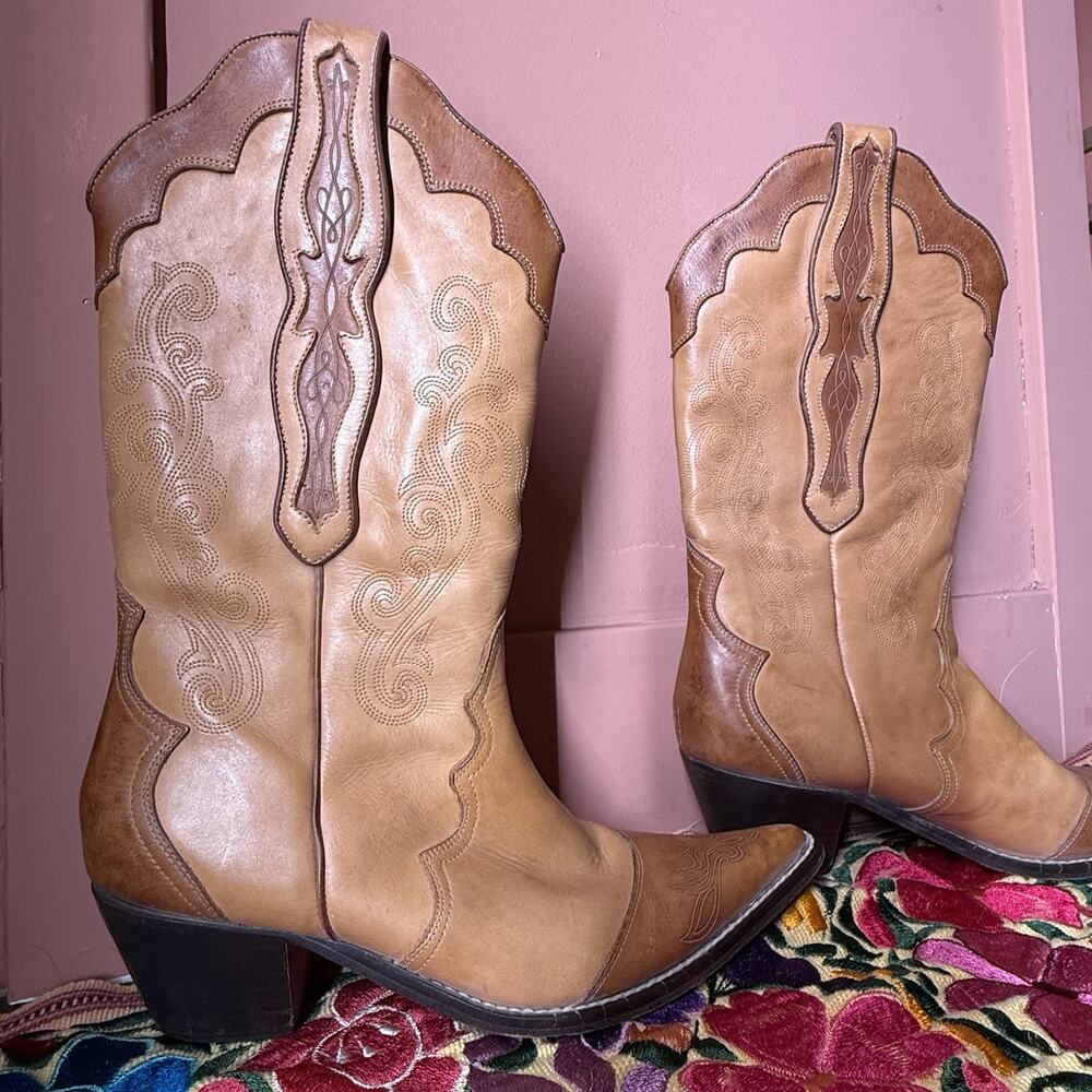 Vintage Stetson Casey Tan Leather Cowboy Boots Womens 9B Made In Brazil Western - Picture 4 of 11